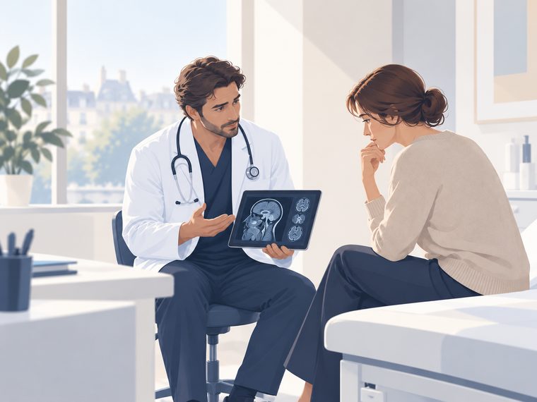 Médecin commentant une IRM cérébrale avec sa patiente